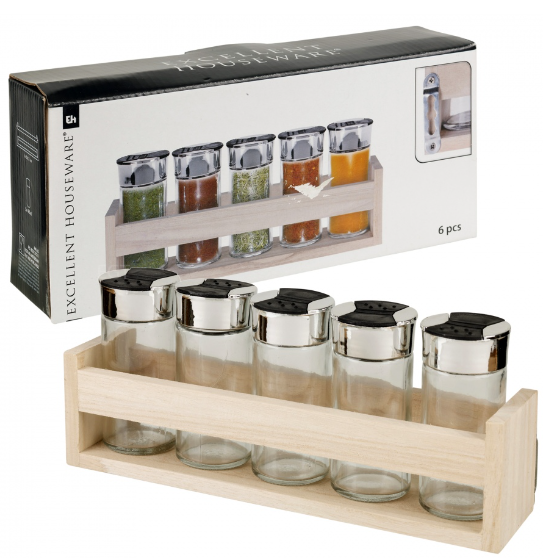 6x Glass Spice Jars With Wooden Stand - 644104