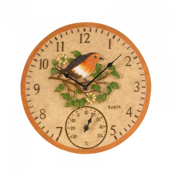12in Robin Wall Clock & Thermometer - 39151