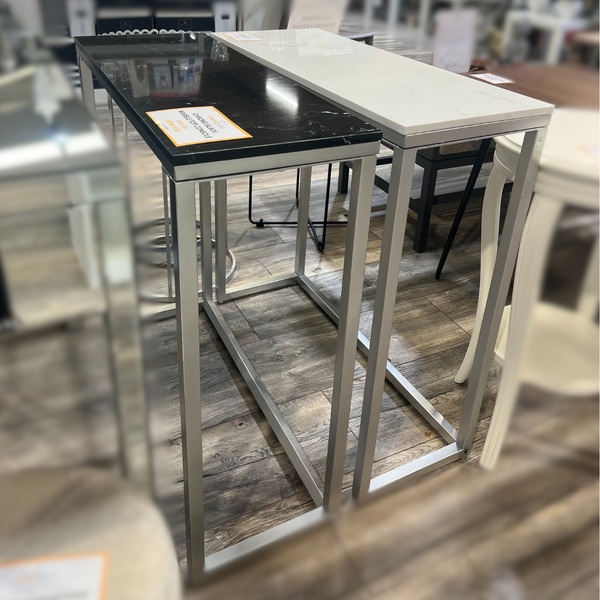 Chrome Console Tables with Black & White Marble Tops