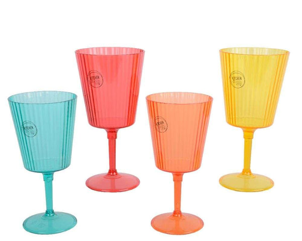 4 Pack - Multicoloured Plastic Stripe Pattern Wine Glass Set - 644070