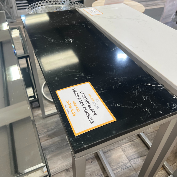 Chrome Console Tables with Black & White Marble Tops
