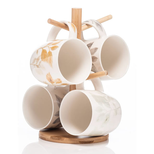 Newgrange Living Leaves Bone China Mug Set (4) & Mug Tree - 646410