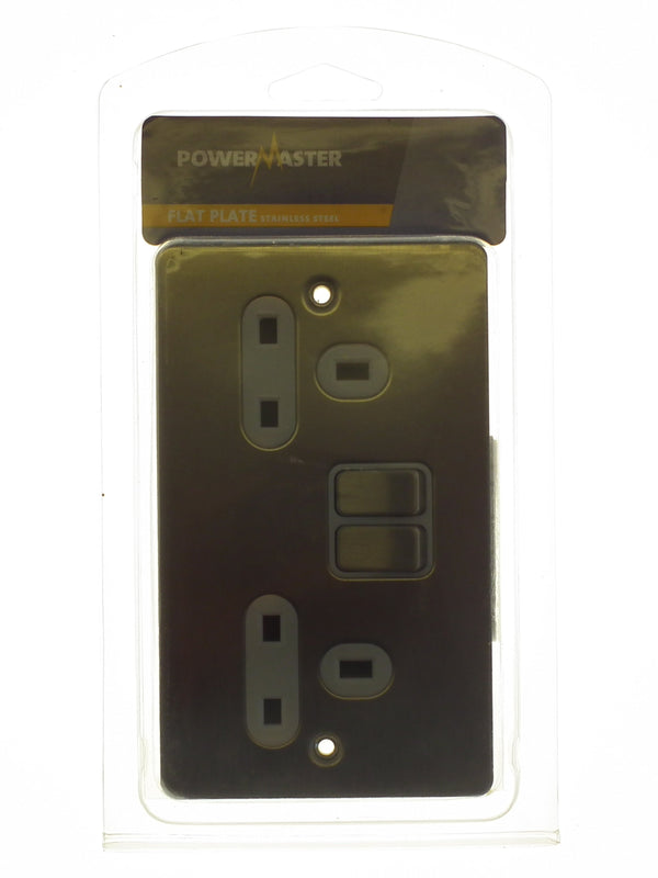 POWERMASTER BRUSHED SATIN 2 GANG 13 AMP SWITCHED SOCKET - 620412