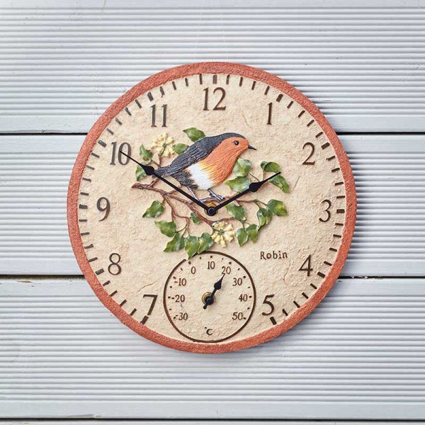12in Robin Wall Clock & Thermometer - 39151