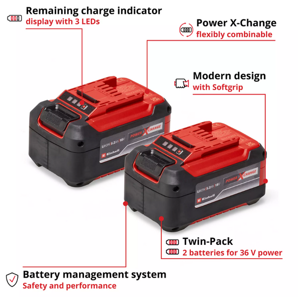 Einhell Power X-Change 18V 5.2Ah Battery Twin pack - 393434