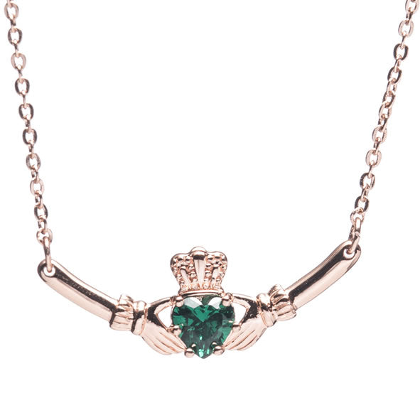 Newgrange Living Rose Gold Claddagh with Green Stone Pendant - 728030
