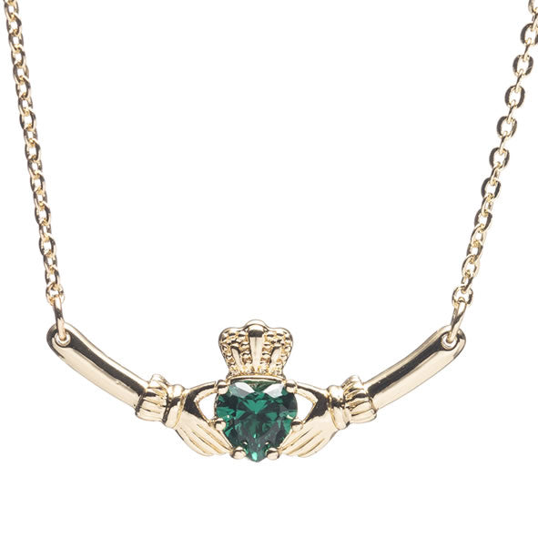 Newgrange Living Gold Claddagh with Green Stone Pendant Necklace - 727080