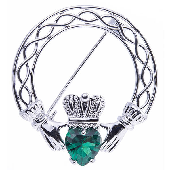 Newgrange Living Silver Claddagh Brooch w/Green Stone - 727600