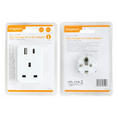 KINGAVON TYPE C/USB PLUG THROUGH UK TO EU ADAPTOR - 62522