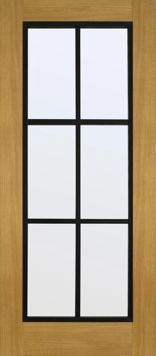 Doras Daiken Black On Oak 6 Panel Clear Glass Door