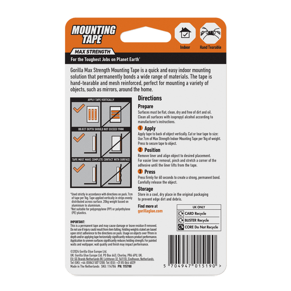 GORILLA MAX STRENGTH INDOOR MOUTING TAPE BLACK 1.5M - 8000801