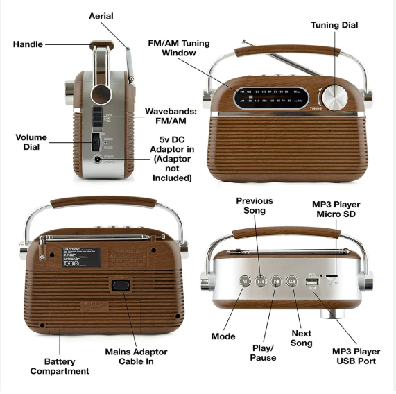 Lloytron 2 Band 'Vintage' Rechargeable Portable Radio + Music Stream - 644434