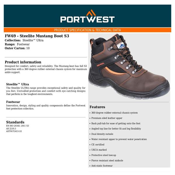 PORTWEST FW69 STEEL MUSTANG BROWN HIKER BOOT