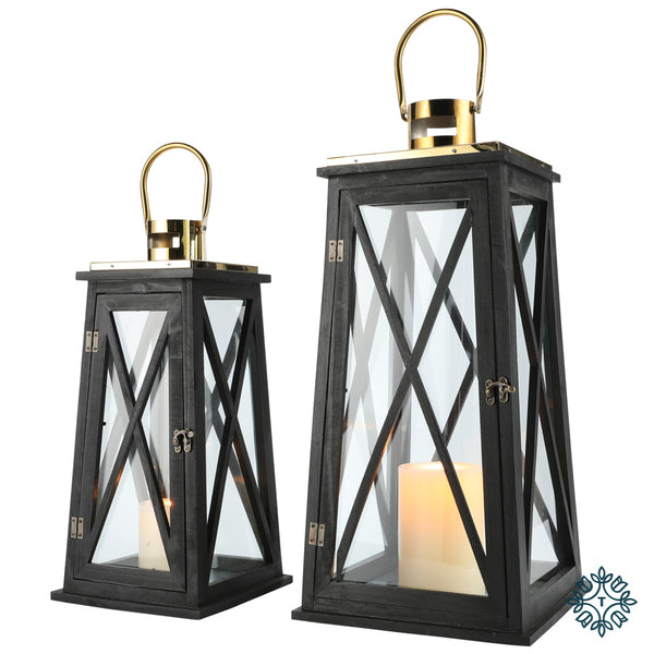 Tara Lane Set of 2 Black Wooden Lantern With Gold Detailing - 64539
