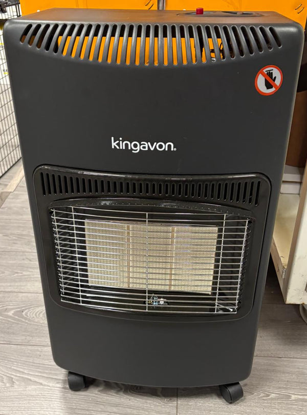 Black Kingavon heater on a wooden floor with boxes in the background