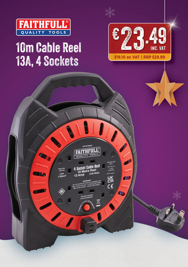Faithfull 10M Cable Reel 13A with 4 Sockets - 621094