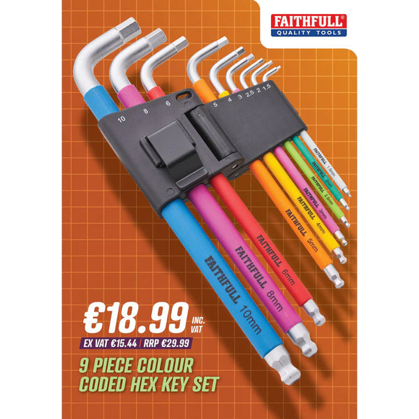 Faithfull 9 Piece Colour Coded Hex Key Set - 5704745
