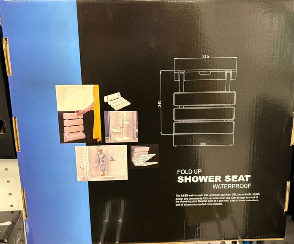 Fold-up shower seat packaging on a store shelf