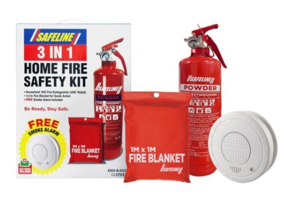 Safeline Fire Safety Kit 3 Pack (Includes: Fire Blanket, Fire Extinguisher & 10yr Smoke Alarm)