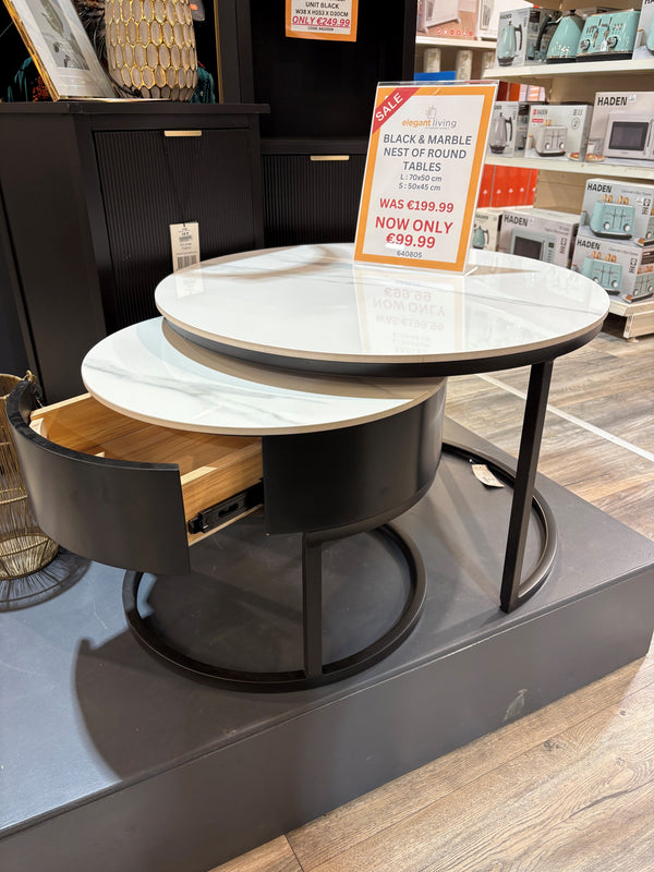 BLACK & MARBLE ROUND NEST OF TABLES 2PCE - 640805