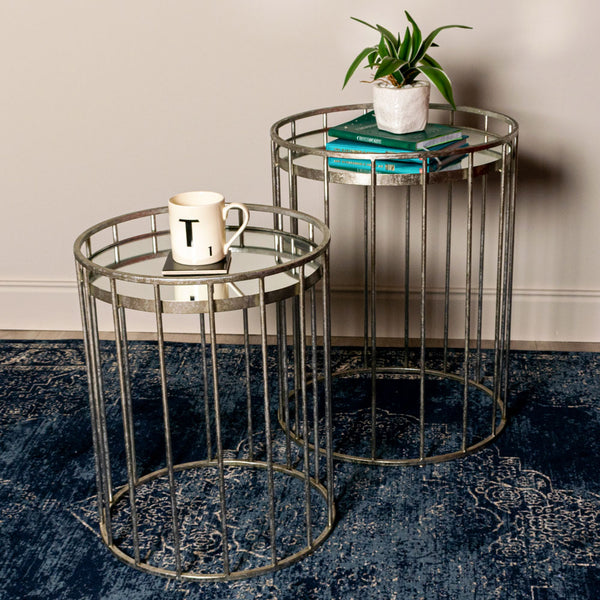 Cage Set of Two Side Tables Round Mirrored Silver