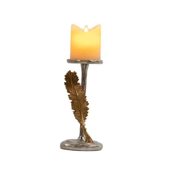 Feather Pillar Candle Holder Silver/Gold 23Cm