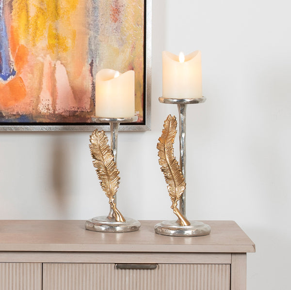 Feather Pillar Candle Holder Silver/Gold 28Cm