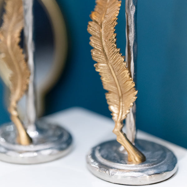 Feather Pillar Candle Holder Silver/Gold 28Cm