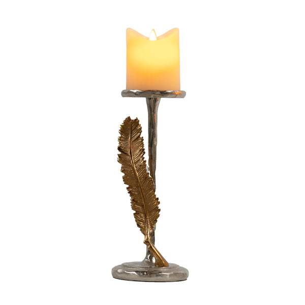 Feather Pillar Candle Holder Silver/Gold 28Cm