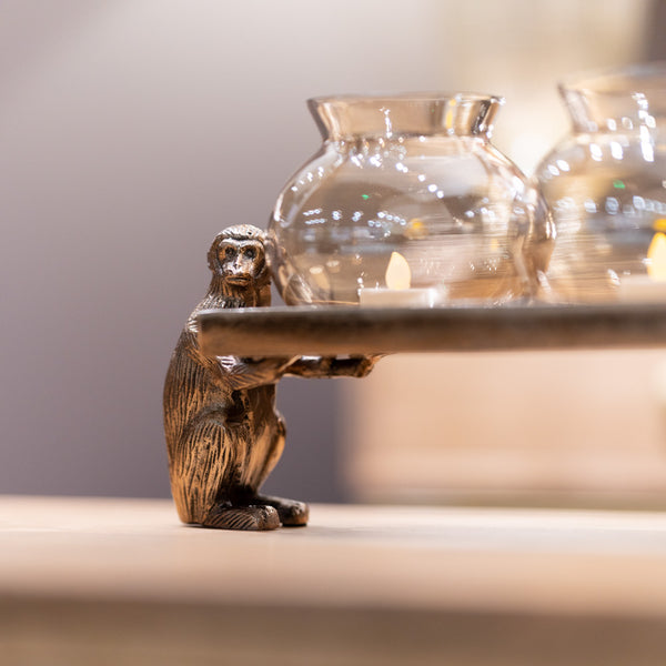 Monkey Tray Candle Holder 3 Glass Gold