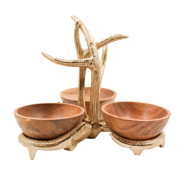 Set of 3 Bowls with Antler Stand Gold